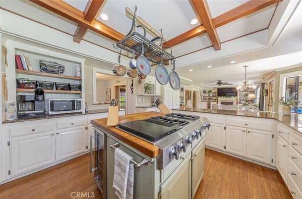 Chandelier, Interior, Kitchen, Recessed Lighting, Stainless Steel Appliances, Wooden Beams, Wood Texture Flooring