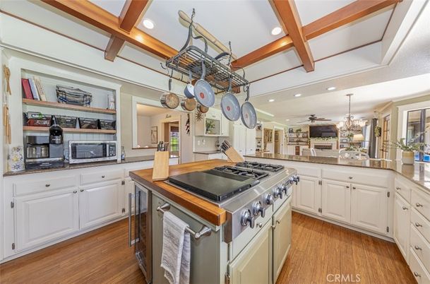 Chandelier, Interior, Kitchen, Recessed Lighting, Stainless Steel Appliances, Wooden Beams, Wood Texture Flooring