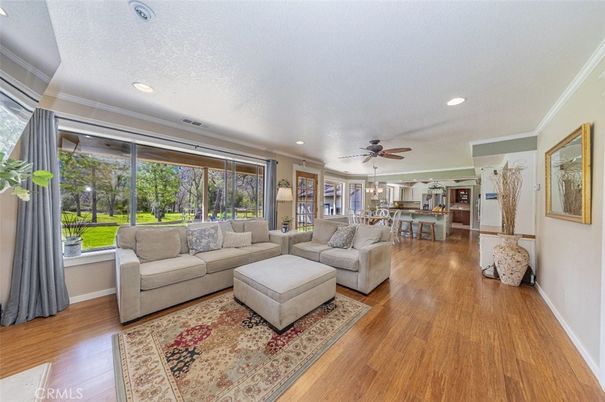 Dining room, Interior, Living room, Recessed Lighting, Wood Texture Flooring