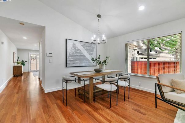 Dining room, Interior, Pendant Lights, Recessed Lighting, Wood Texture Flooring