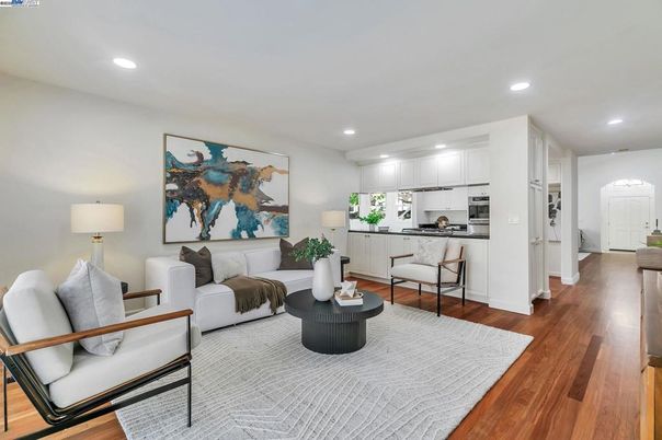 Interior, Kitchen, Living room, Recessed Lighting, Stainless Steel Appliances, Wood Texture Flooring