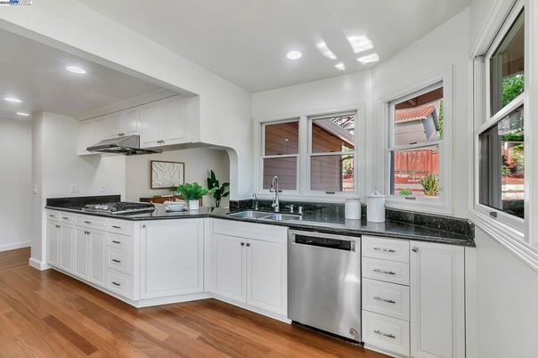 Interior, Kitchen, Recessed Lighting, Stainless Steel Appliances, Wood Texture Flooring