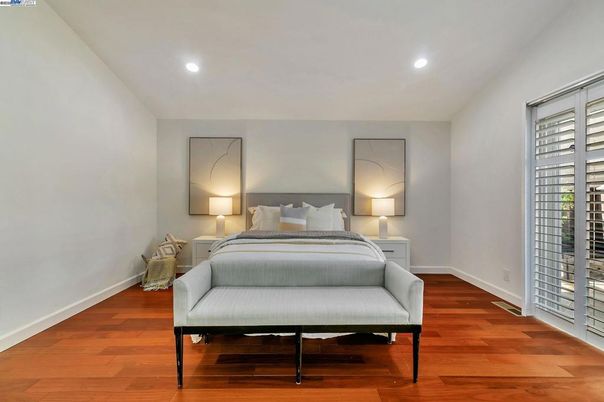 Bedroom, Interior, Recessed Lighting, Wood Texture Flooring