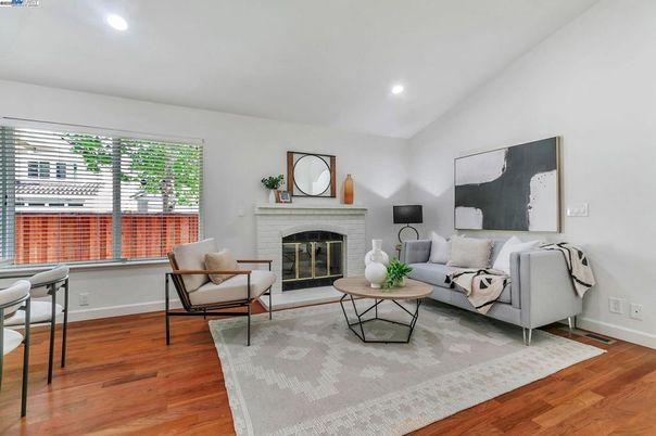 Fireplace, Interior, Living room, Recessed Lighting, Wood Texture Flooring