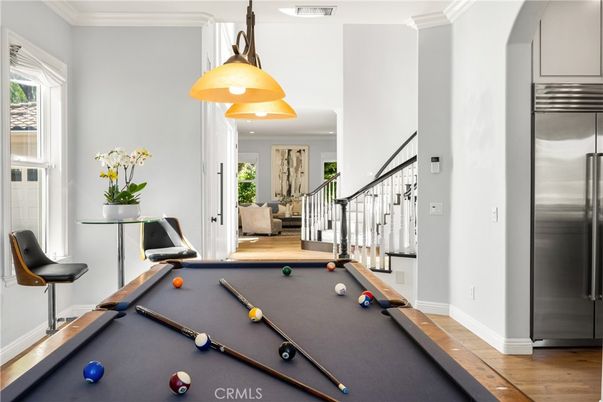 Billiard Table, Game Room, Interior, Pendant Lights, Wood Texture Flooring