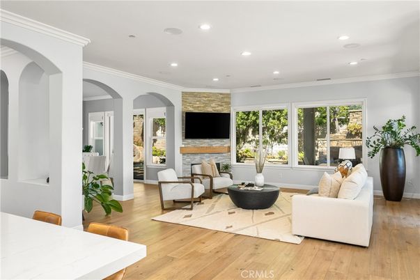 Fireplace, Interior, Living room, Recessed Lighting, Wood Texture Flooring