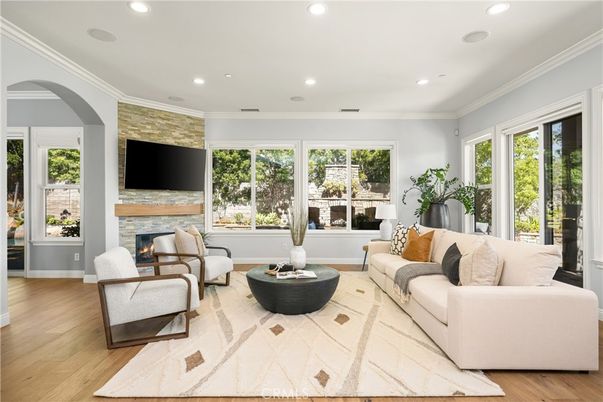 Fireplace, Interior, Living room, Recessed Lighting, Wood Texture Flooring