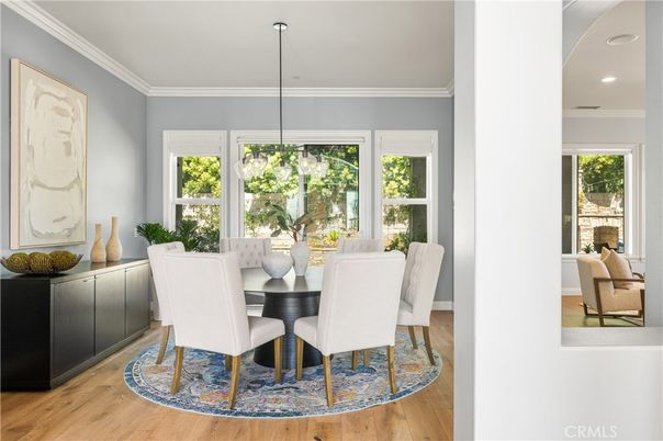 Dining room, Interior, Pendant Lights, Recessed Lighting, Wood Texture Flooring