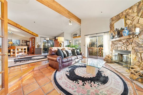 Fireplace, Interior, Living room, Pendant Lights, Stone Walls, Wooden Beams