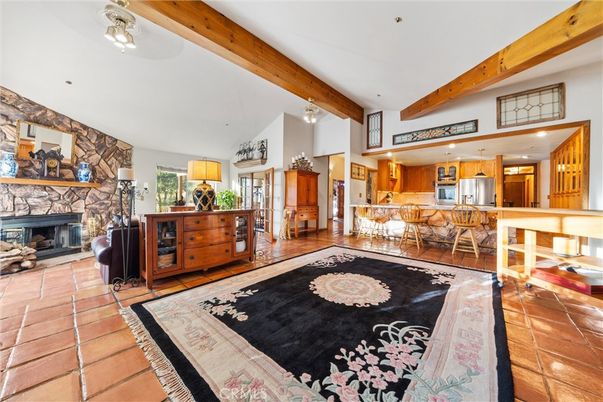 Fireplace, Interior, Kitchen, Stainless Steel Appliances, Wooden Beams