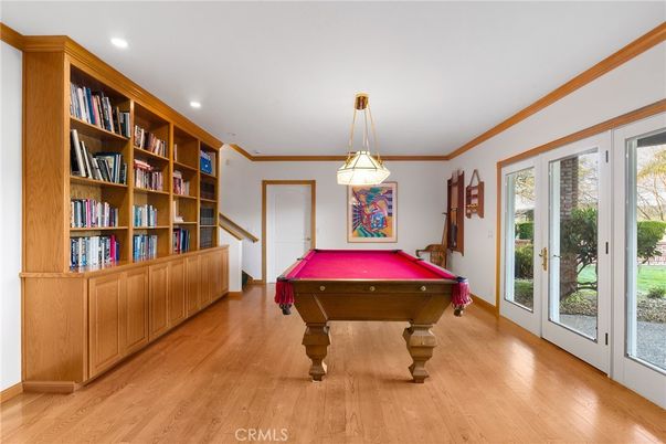 Billiard Table, Game Room, Interior, Pendant Lights, Recessed Lighting, Wood Texture Flooring