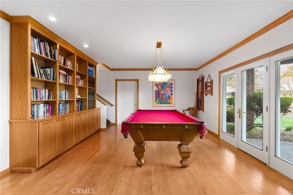 Billiard Table, Game Room, Interior, Pendant Lights, Recessed Lighting, Wood Texture Flooring