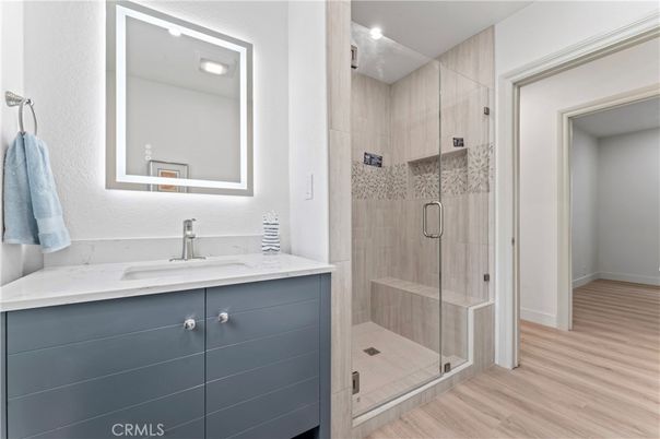 Bathroom, Glass Shower, Interior, Wood Texture Flooring