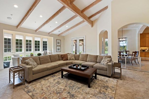 Dining room, Interior, Living room, Pendant Lights, Recessed Lighting, Wooden Beams