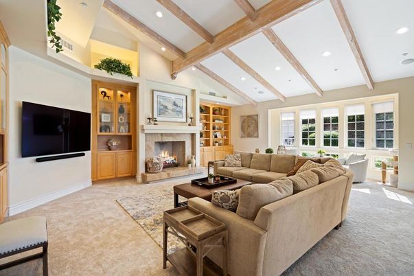 Fireplace, Interior, Living room, Recessed Lighting, Wooden Beams