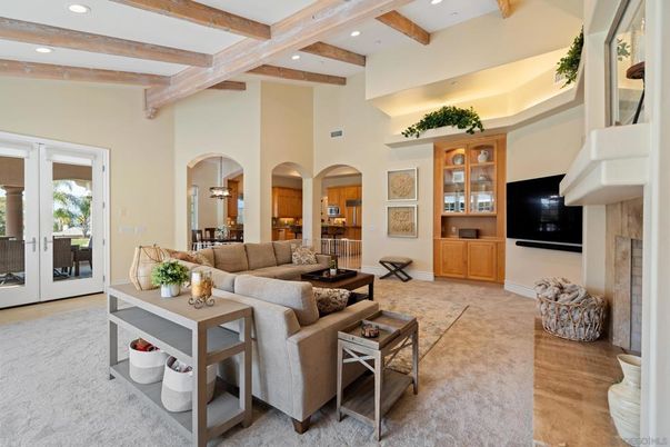 Fireplace, Interior, Living room, Recessed Lighting, Wooden Beams