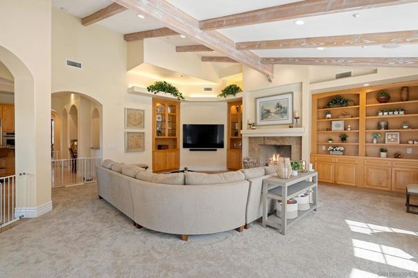 Fireplace, Interior, Living room, Recessed Lighting, Wooden Beams