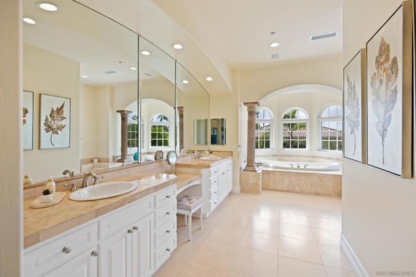 Bathroom, Dual Sink Vanities, Interior, Recessed Lighting, Tile Countertops