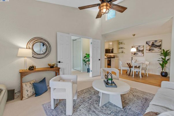 Dining room, Interior, Kitchen, Living room, Pendant Lights, Stainless Steel Appliances, Wood Texture Flooring