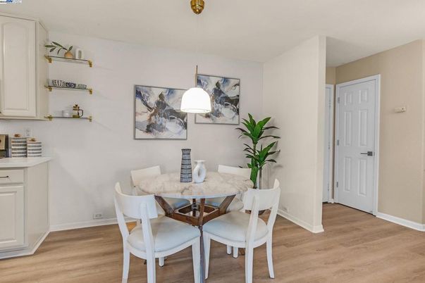 Dining room, Interior, Pendant Lights, Wood Texture Flooring