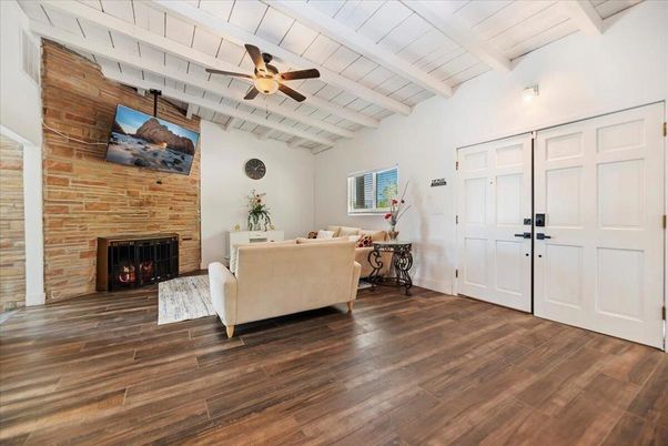 Fireplace, Interior, Living room, Stone Walls, Wood Texture Flooring