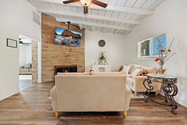 Fireplace, Interior, Living room, Stone Walls, Wood Texture Flooring