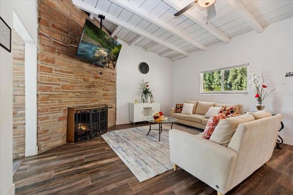 Fireplace, Interior, Living room, Stone Walls, Wood Texture Flooring