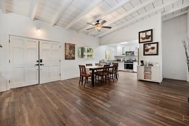 Dining room, Interior, Kitchen, Stainless Steel Appliances, Wood Texture Flooring