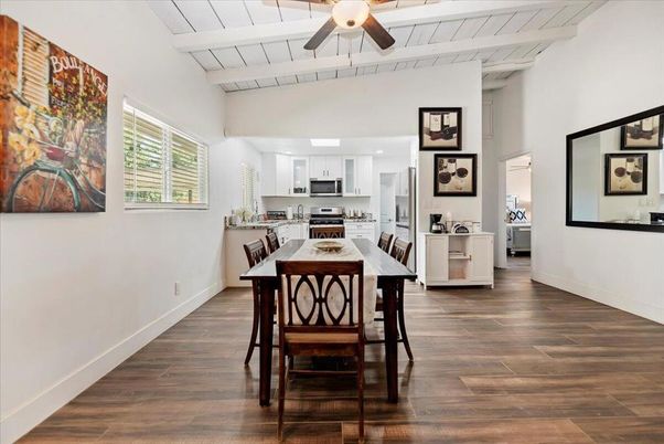 Dining room, Interior, Kitchen, Stainless Steel Appliances, Wood Texture Flooring