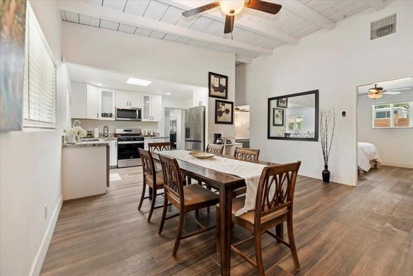 Dining room, Interior, Kitchen, Recessed Lighting, Stainless Steel Appliances, Wood Texture Flooring