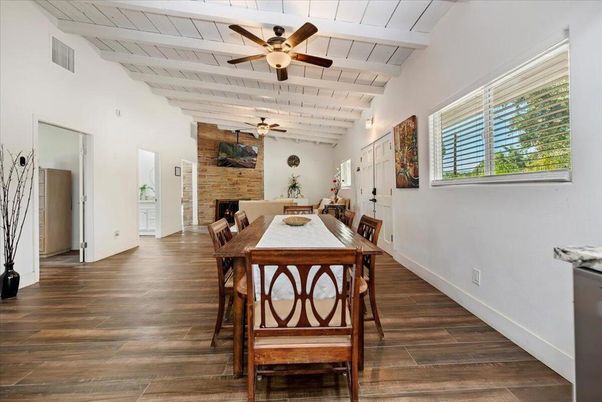 Dining room, Interior, Stone Walls, Wood Texture Flooring