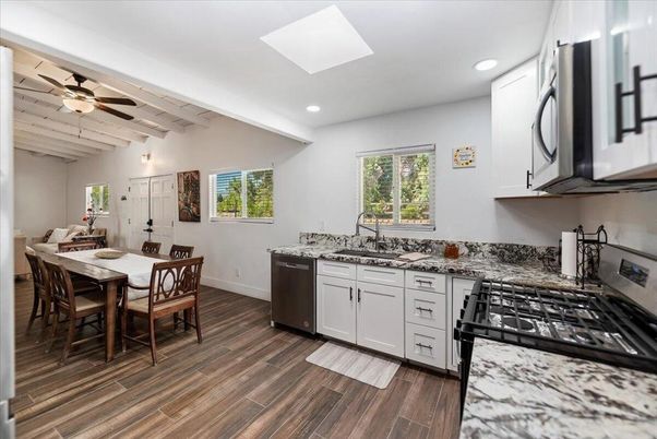 Dining room, Interior, Kitchen, Recessed Lighting, Wood Texture Flooring