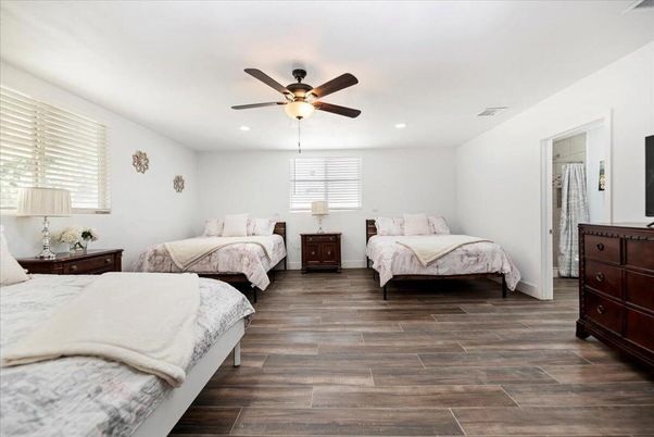 Bedroom, Interior, Recessed Lighting, Wood Texture Flooring