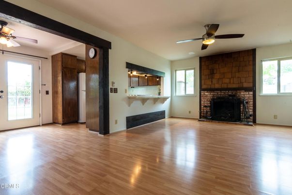 Empty room, Fireplace, Interior, Stone Walls, Wood Texture Flooring