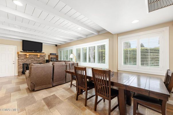 Dining room, Fireplace, Interior, Living room, Recessed Lighting, Stone Walls