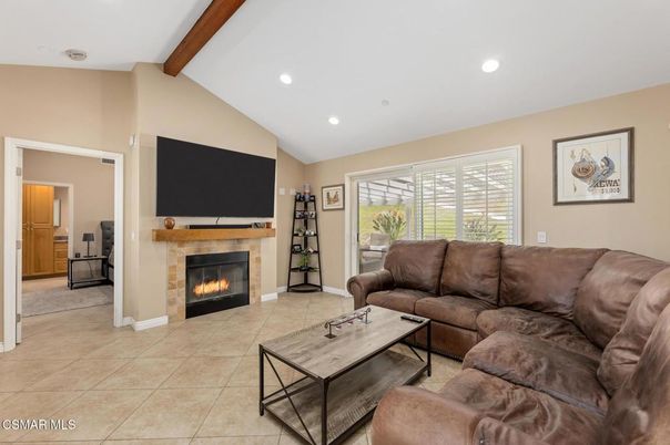 Fireplace, Interior, Living room, Recessed Lighting, Wooden Beams