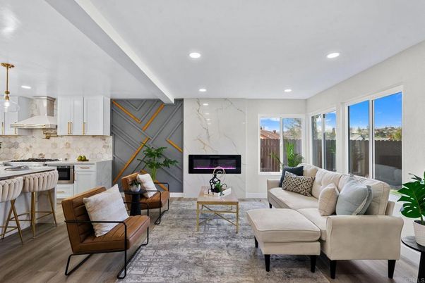 Fireplace, Interior, Kitchen, Living room, Marble Walls, Pendant Lights, Recessed Lighting, Wood Texture Flooring