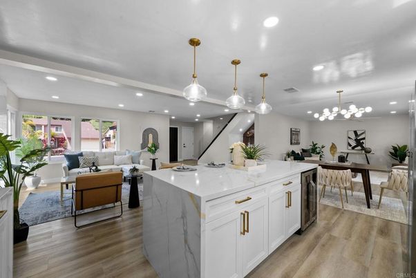 Dining room, Interior, Kitchen, Living room, Pendant Lights, Recessed Lighting, Wood Texture Flooring