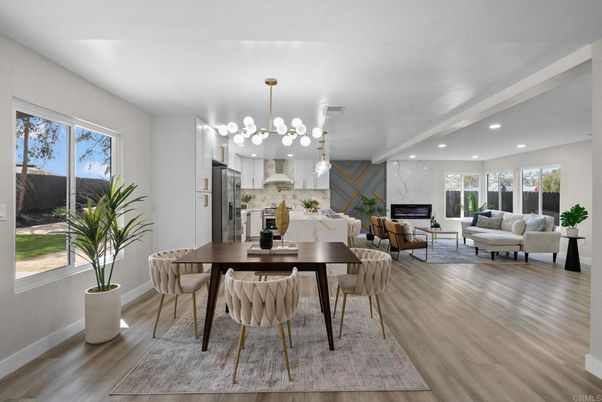 Dining room, Fireplace, Interior, Kitchen, Living room, Pendant Lights, Recessed Lighting, Stainless Steel Appliances, Wood Texture Flooring