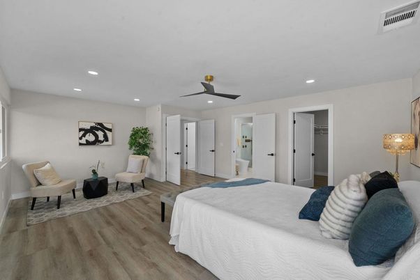 Bedroom, Interior, Recessed Lighting, Wood Texture Flooring