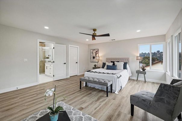Bedroom, Interior, Recessed Lighting, Wood Texture Flooring