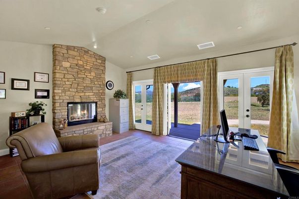 Fireplace, Home Office, Interior, Recessed Lighting, Stone Walls