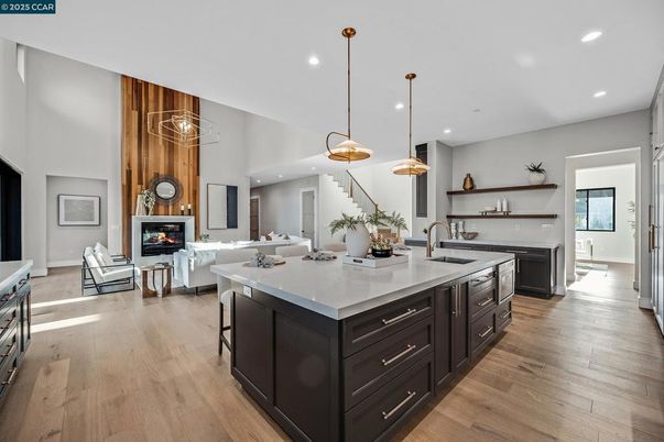 Fireplace, Interior, Kitchen, Living room, Pendant Lights, Recessed Lighting, Wood Texture Flooring