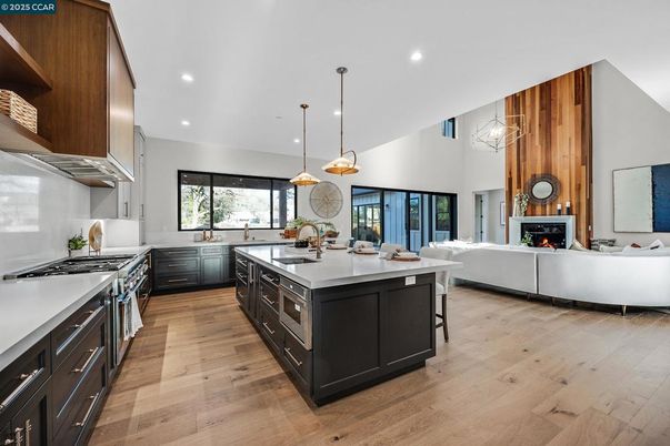 Fireplace, Interior, Kitchen, Living room, Pendant Lights, Recessed Lighting, Wood Texture Flooring
