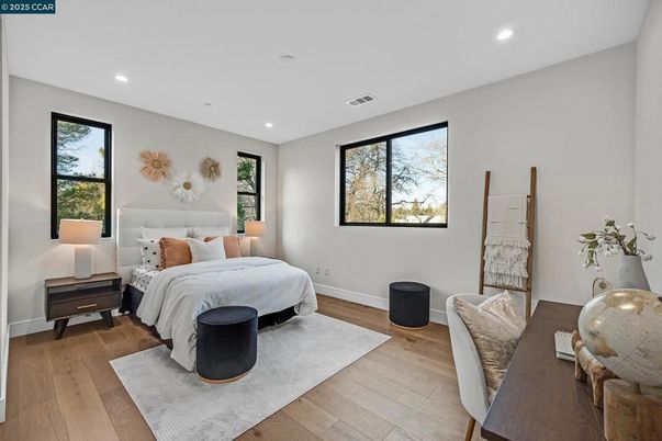 Bedroom, Interior, Recessed Lighting, Wood Texture Flooring