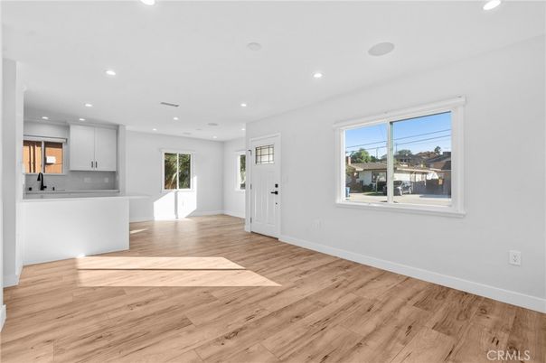 Empty room, Interior, Kitchen, Recessed Lighting, Wood Texture Flooring