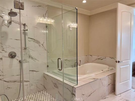 Bathroom, Glass Shower, Interior, Marble Walls, Recessed Lighting