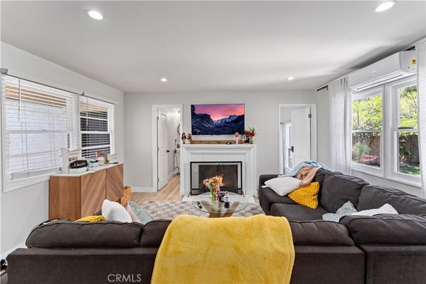 Fireplace, Interior, Living room, Recessed Lighting, Wood Texture Flooring
