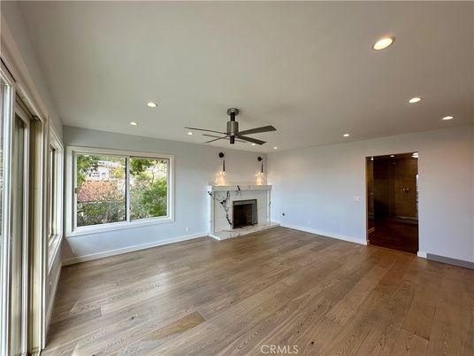 Empty room, Fireplace, Interior, Recessed Lighting, Wood Texture Flooring