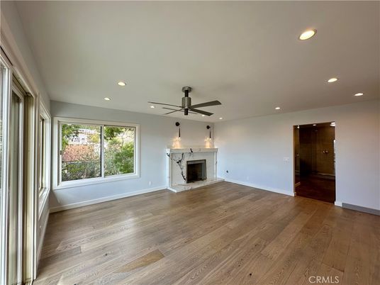 Empty room, Fireplace, Interior, Recessed Lighting, Wood Texture Flooring